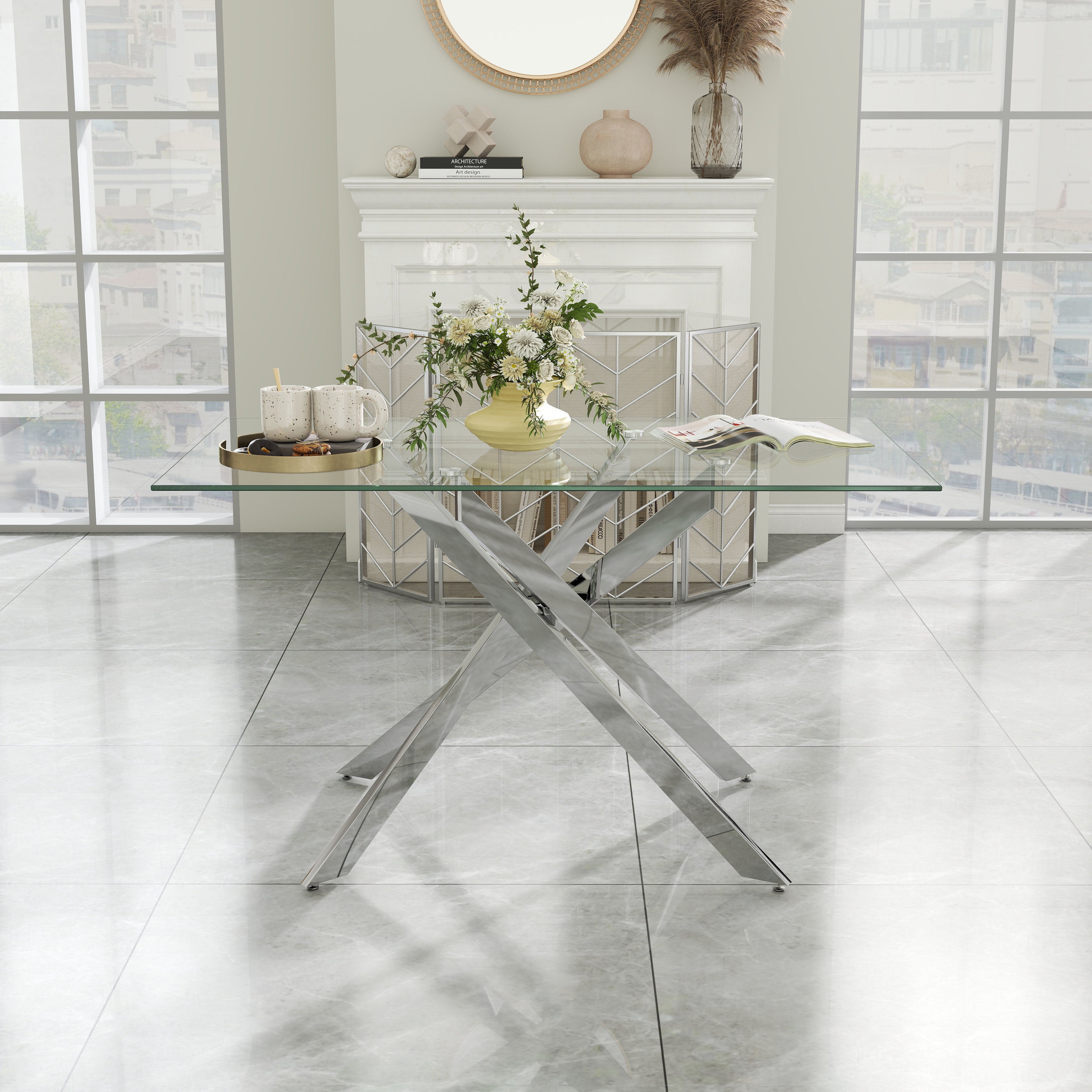 Wrought Studio™ Rectangle Tempered Glass Dining Table with Stainless ...