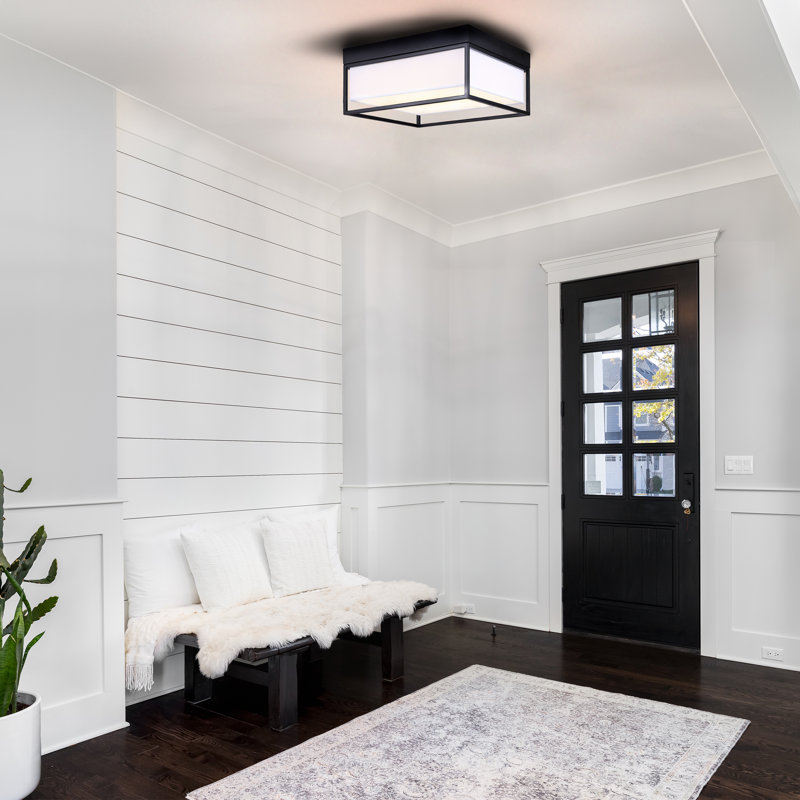 Jivon 12 In. 1 Light Integrated LED Black Contemporary Flush Mount With White Fabric Shade