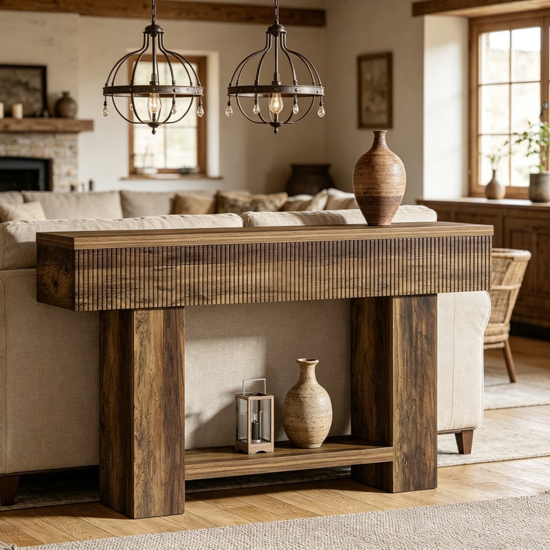 Console rustique de 55 pouces avec tablette de rangement, canapé d'entrée pour le couloir, le salon et le vestibule, conception en bois moderne à deux niveaux