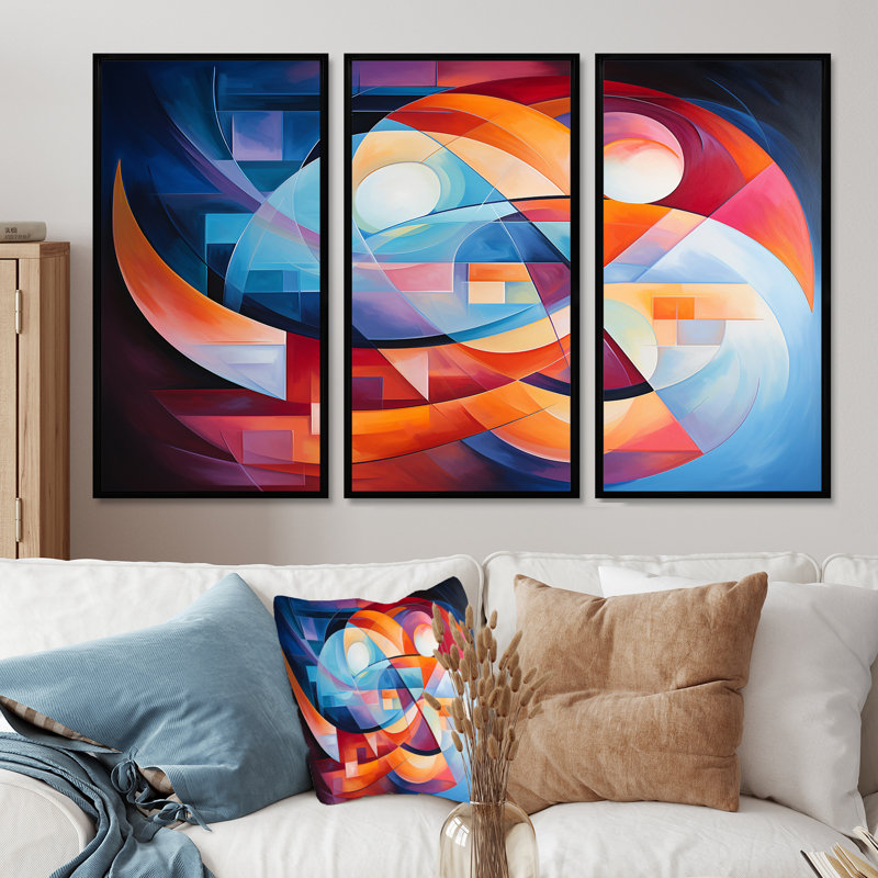 Ensemble de salon art mural géométrique rouge pleine lune, Cadre flottant noir, H 40 po x l 60 po x P 1 po