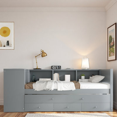 Wood Daybed With Trundle, Storage Drawers, Side Shelves And Desk by Latitude Run