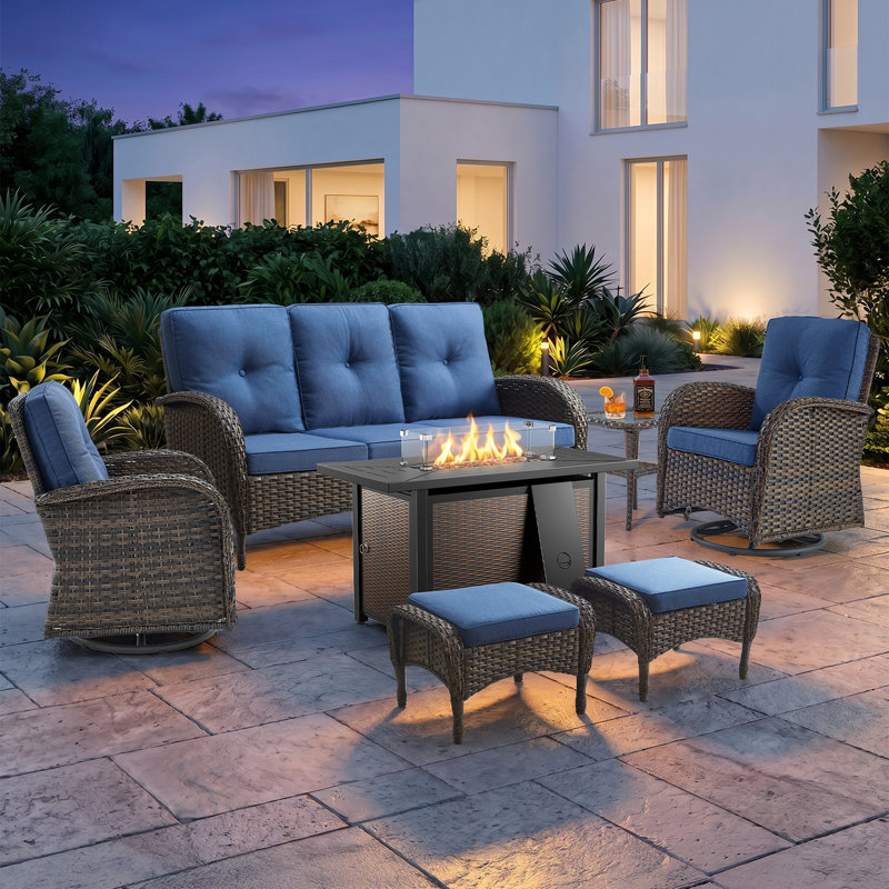Braxleigh 7-Pieces PE Wicker Outdoor Patio Conversation Set With Firepit With Cushions, Blue