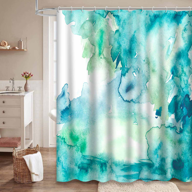 Rideau de douche aquarelle bleu vert Splash Teal avec 12 crochets, L 72 po x l 72 po