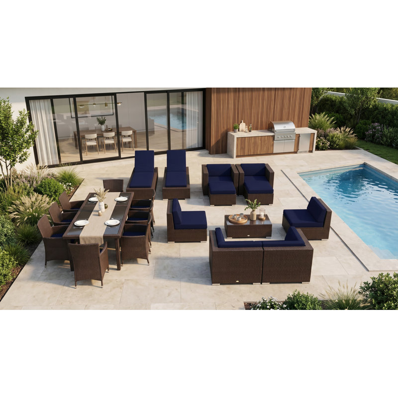 Ensemble de conversation en osier Pavior, Brun foncé, Toile bleu marine Sunbrella®