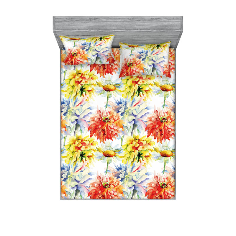 Drap-housse et taies décoratives 3 pièces Ambesonne, Vermilion, moutarde, vert / floral