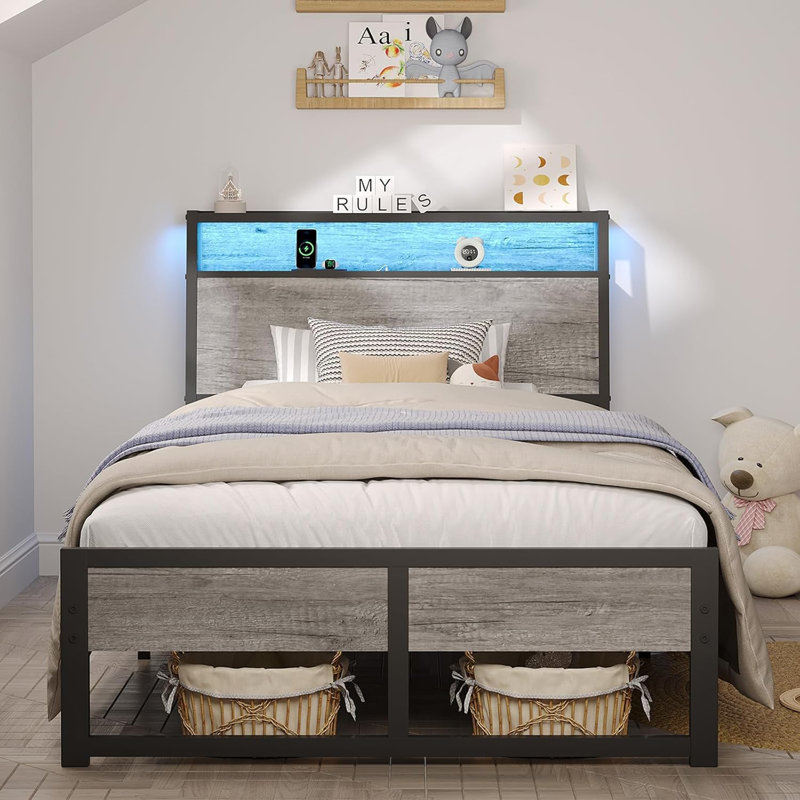 Ergonomic Headboard and Charging Station, Platform Metal Bed Frame with LED Lights, Heavy Duty Slats Support, Twin