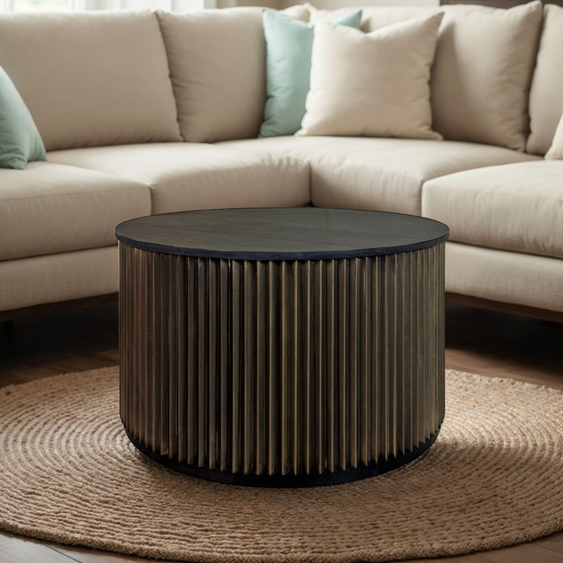 Table basse élégante noire 30 po avec base rainurée en laiton rétro, H 18 po x L 30 po x l 30 po
