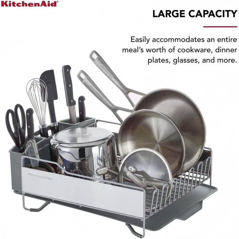 Large Capacity Full Size Rust Resistant Dish Rack With Angled Drain Board And Removable Flatware Caddy, Light Grey
