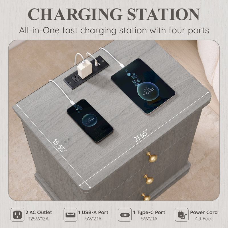 Grande table de bout moderne avec station de charge de 23,6 po Abarca, table de chevet en bois de 21,65 po de largeur avec 3 tiroirs de rangement, pour le salon, bureau, gris