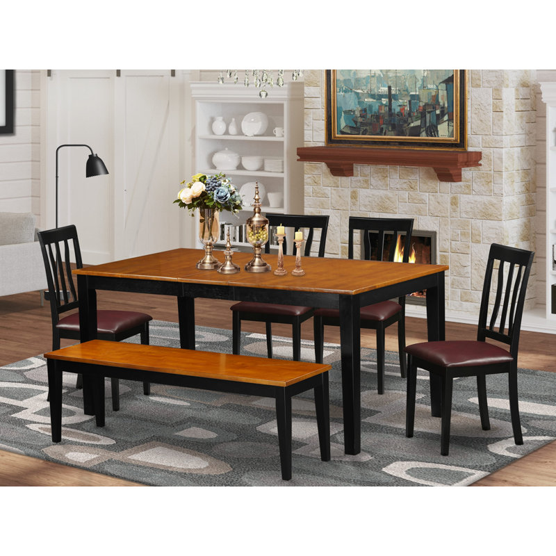 6 Piece Dining Table Set Contains a Rectangle Dining Room Table with Butterfly Leaf and 4 Faux Leather Chairs with a Bench, Black & Cherry