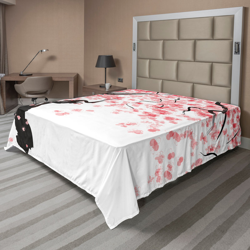 Ambesonne Japanese Top Flat Sheet Watercolor Effect Cherry Black Pink, California King Flat Sheet