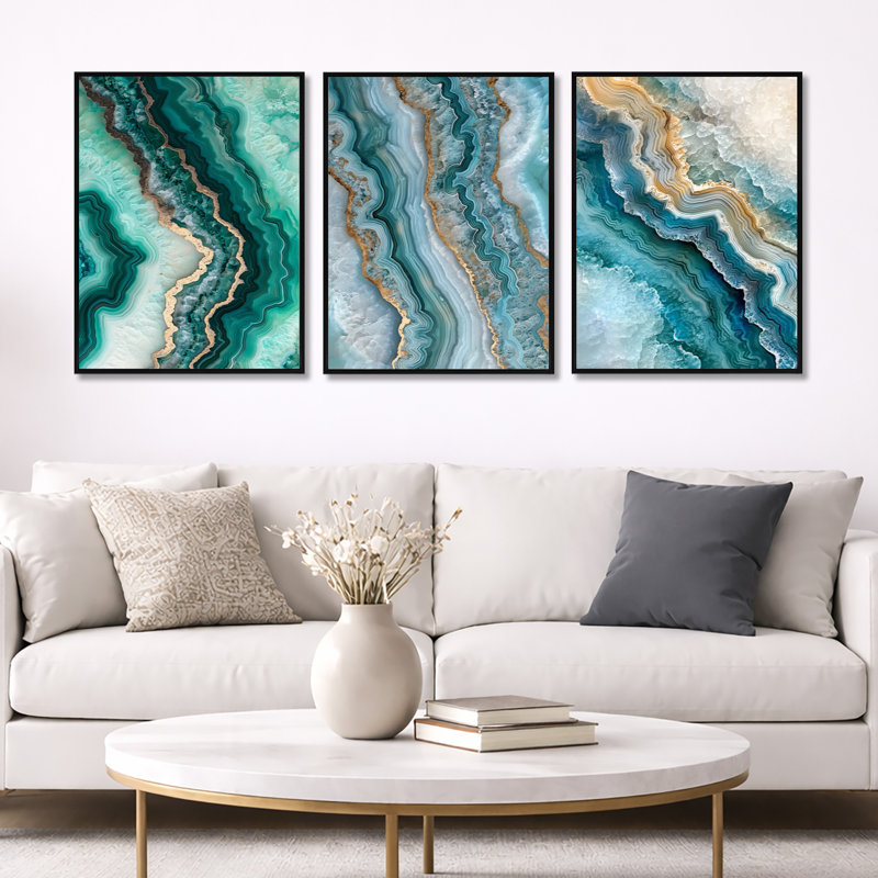 «Agate Dream River III - Green Geode», ensemble de 3 toiles d'art encadrées, Cadre flottant noir, H 32 po x l 72 po