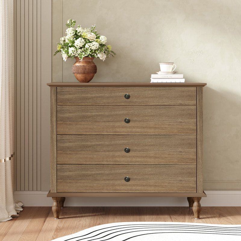 Commode 4 tiroirs avec pied en bois massif, Marron clair