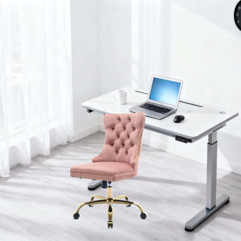 Office Chair,Modern Velvet Upholstered Tufted Button Home Office Chair with Golden Metal Base,Adjustable Desk Chair Swivel Office Chair