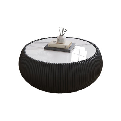Drum Shaped Coffee Table with Sintered Stone Top and Leather Frame for Living Room Office No Assembly Required