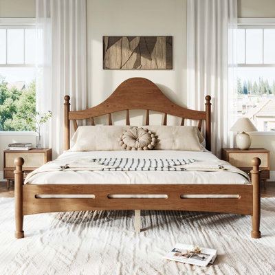 Solid Pine Queen Platform Bed with Elegant Headboard and Slatted Support