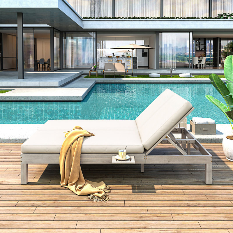 Outdoor 5-Position Adjustable Backrest Double Chaise Lounge, Outdoor Chaise Lounge With Cushion And Folding Side Trays, Gray