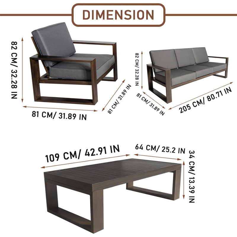 Ensemble de meubles de patio en aluminium 4 pièces avec 2 fauteuils + 3 sièges