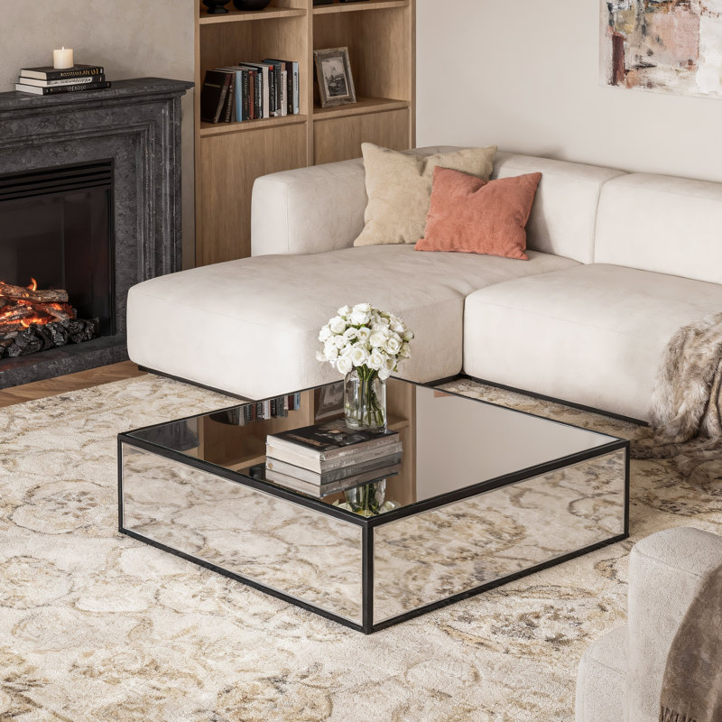 Fahd Block Coffee Table Mirrored Finished Black Metal Frame Sofa Table