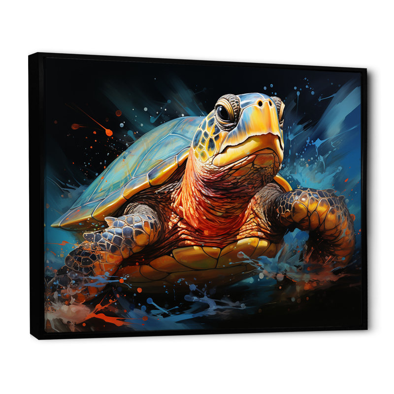 Représentation d'un voyage aquatique avec des tortues, Cadre flottant noir, H 16 po x l 32 po x P 1 po