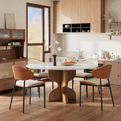 3/5/7 Pcs Mid-century Round Sintered Stone Dining Table Sets With Ergonomic Upholstered Kitchen Chair For 2/4/6