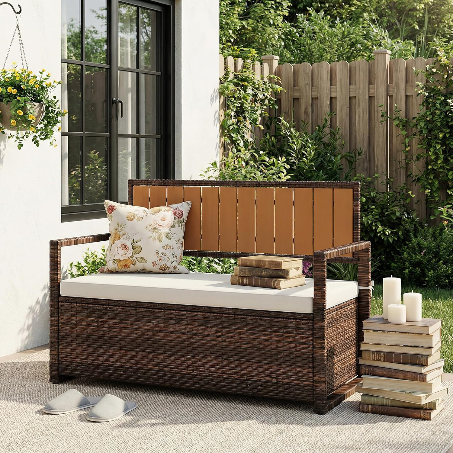 Outdoor Storage Bench with Cushion, Rattan Storage Box, 2-Person PE Rattan Storage Bench with Backrest & Armrests, Metal Frame, Waterproof for Garden Balcony Porch Pool Yard - Brown