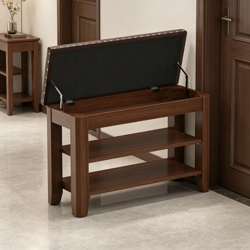 Banc à chaussures en bois d'hévéa massif avec rangement dissimulé, tablettes réglables à 2 niveaux, siège en similicuir souple, range-chaussures pour le couloir ou la chambre à coucher, assemblage durable et facile, largeur de 31,5 po