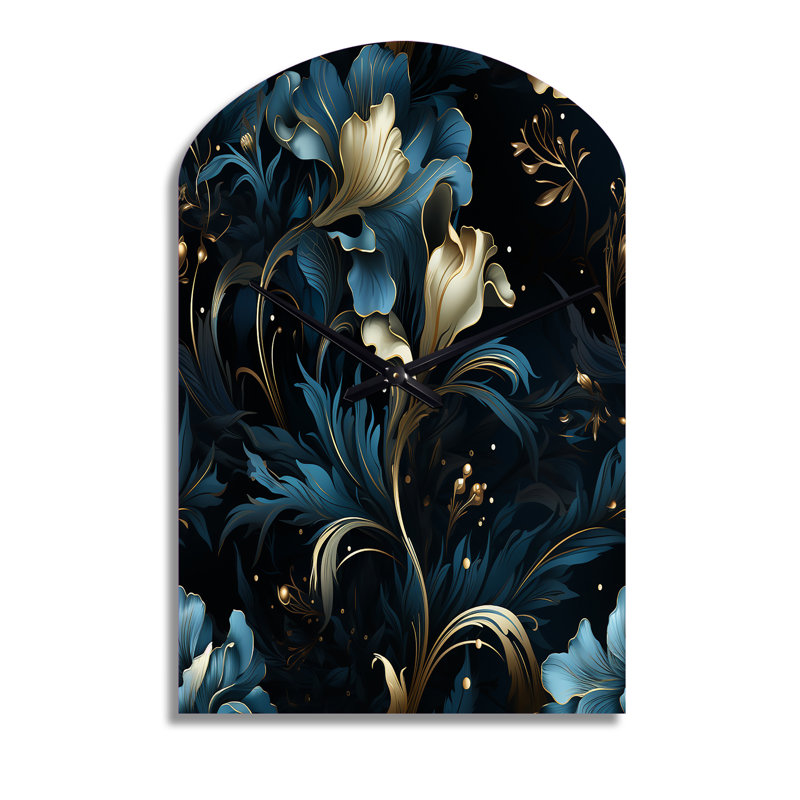 Motif obscur de reflets obscurcis - horloge murale en métal à arche florale, impression d'horloge murale asymétrique bleue