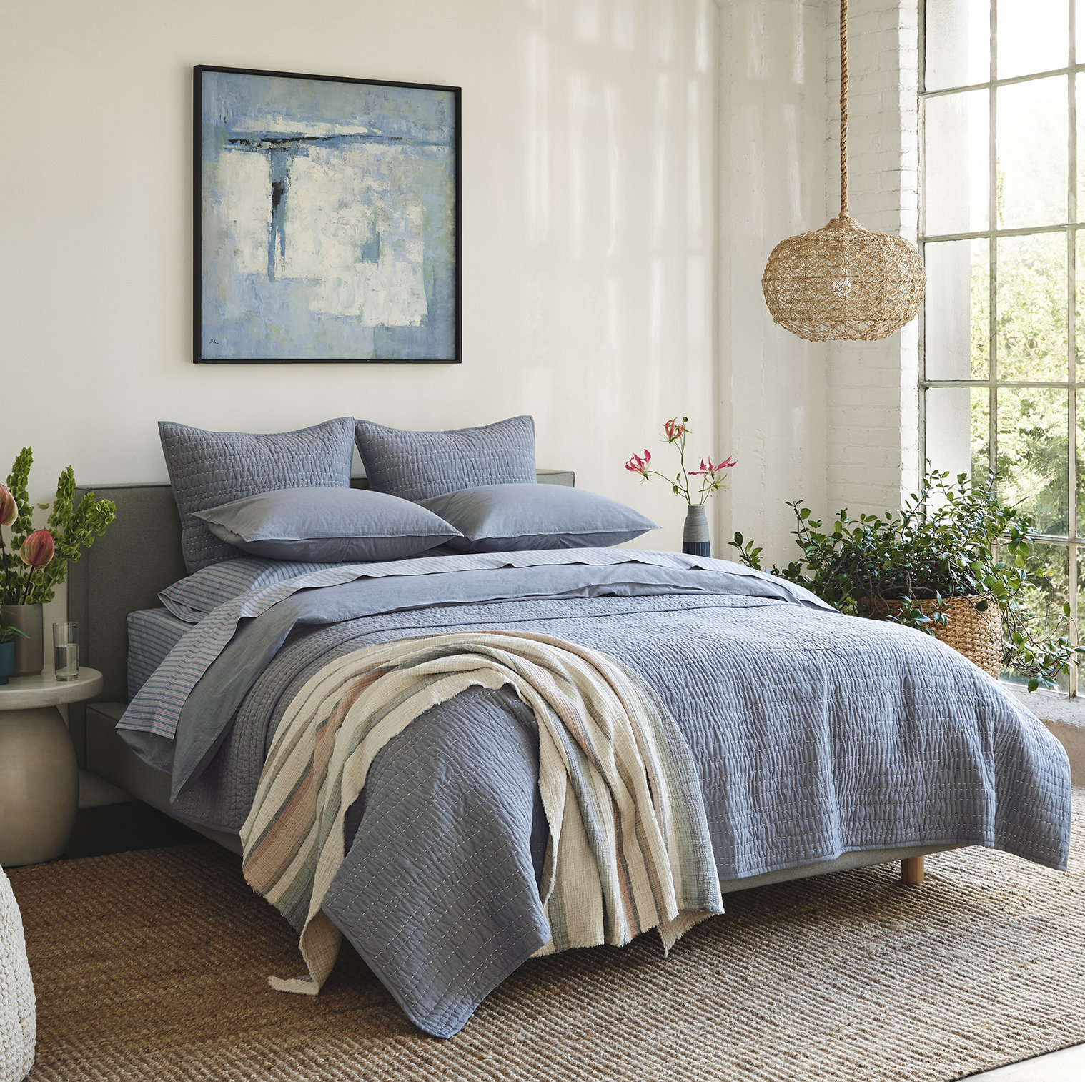 Channel Handstitched Organic Organic Percale Quilt, Twin Quilt, Indigo Chambray