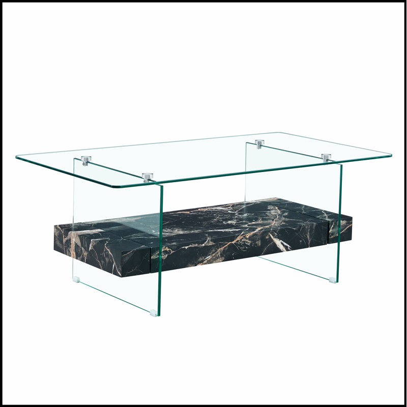 Table basse moderne à deux niveaux de 43,3 pouces - Verre transparent et motif en marbre noir, design élégant et fonctionnel