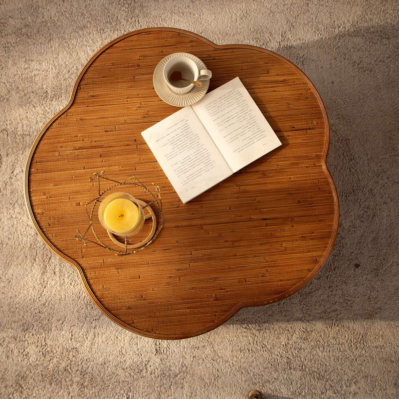 Table basse en rotin en forme de fleur avec rangement amovible, style boho-chic, parfaite pour les salons confortables et les espaces compacts
