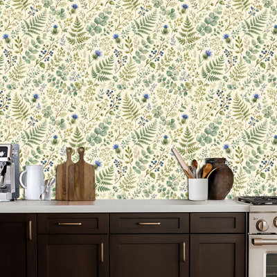 Peel and Stick PVC Wallpaper, Removable Self-Adhesive Wall Covering With Botanical Green Ferns Leaves Beige Print, Waterproof for Home Decor - Roll