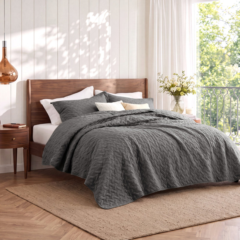 Literie courtepointe pour très grand lit - couvre-lits gris très grand avec motif de panier, ensemble de literie à courtepointe douce, couvre-lit léger pour édredon toutes saisons avec 2 taies décoratives (106 po x 96 po)