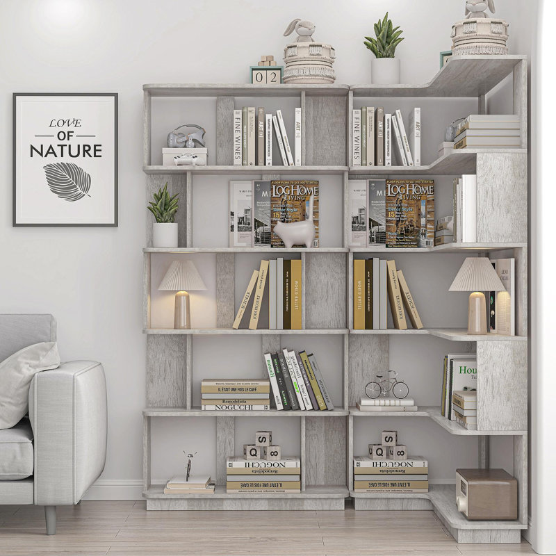 Bibliothèque d'angle compacte de 90 cm + bibliothèque libre extensible de 80 cm, ensemble de 2 tablettes de présentation, couleur gris clair et 4 autres couleurs optionnelles, meubles librement combinés et assortis