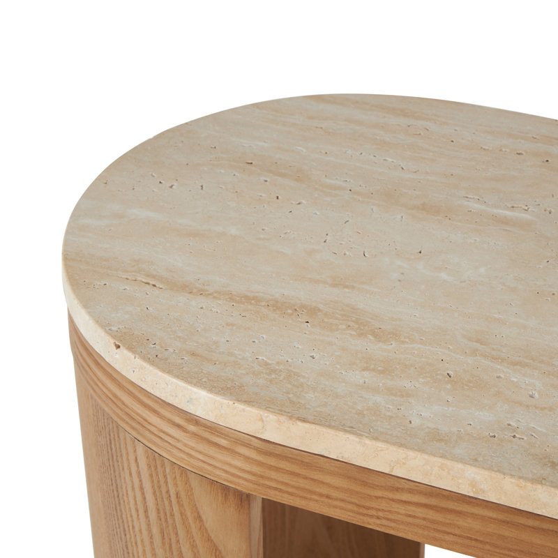 Cole And Grey Wood Curved Support Console Table With Beige Oval Marble Tabletop