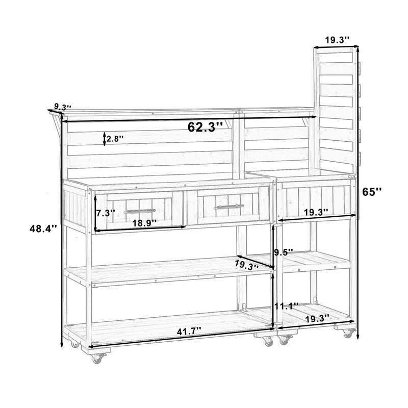 62.3" Brown Solid Wood Patio Kitchen Cart, Stainless Steel Top, Raised Shelf & Drawers, Lockable Wheels, BBQ Prep Table & Garden Potting Bench