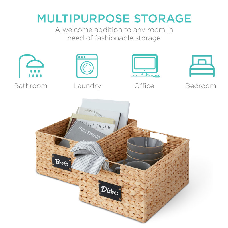 Aguta 2 16in Woven Water Hyacinth Pantry Baskets w/ Chalkboard Label, Chalk Marker, Natural
