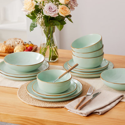 16-Piece Green Matte & Glossy Two-Finish Dinnerware Set for 4, Modern Contrast Design on Plates & Bowls