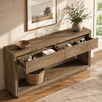 Modern Farmhouse‑Style Wooden Console Table, 2 Spacious Drawers & Lower Open Storage Shelf, Narrow Entryway Foyer Sofa Table for Living‑Room, Hallway
