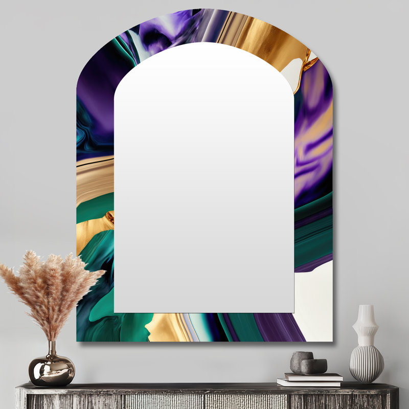 Mauve, vert, "Bold Strokes I" - Art abstrait en métal - Miroir mural moderne et irrégulier, 43 po x 33 po