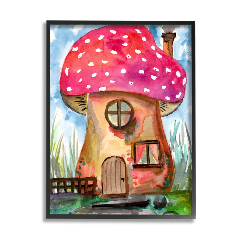 Art de giclée champignon forêt maison fantaisie par Sebastian Grafmann, H 14 po x l 11 po x P 1,5 po