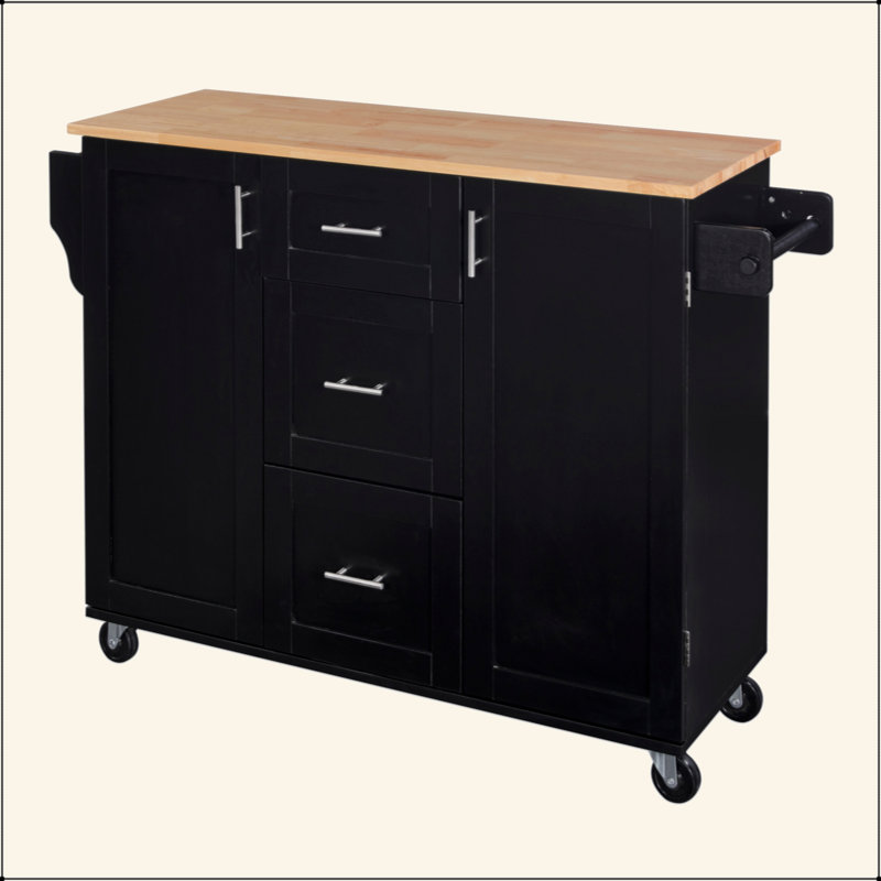 Rolling Kitchen Island With Storage, Kitchen Cart With Rubber Wood Top, 3 Drawer, 2 Slide-Out Shelf And Internal Storage Rack, Kitchen Island On Wheels With Spice Rack & Tower Rack, Grey Blue