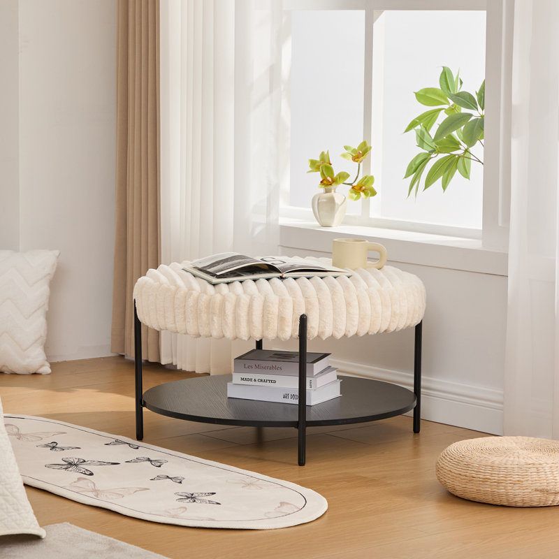 30.9"Wide Upholstered Round Ottoman Coffee Table Foot Rest With  Metal Legs (Only Including Ottoman), Beige