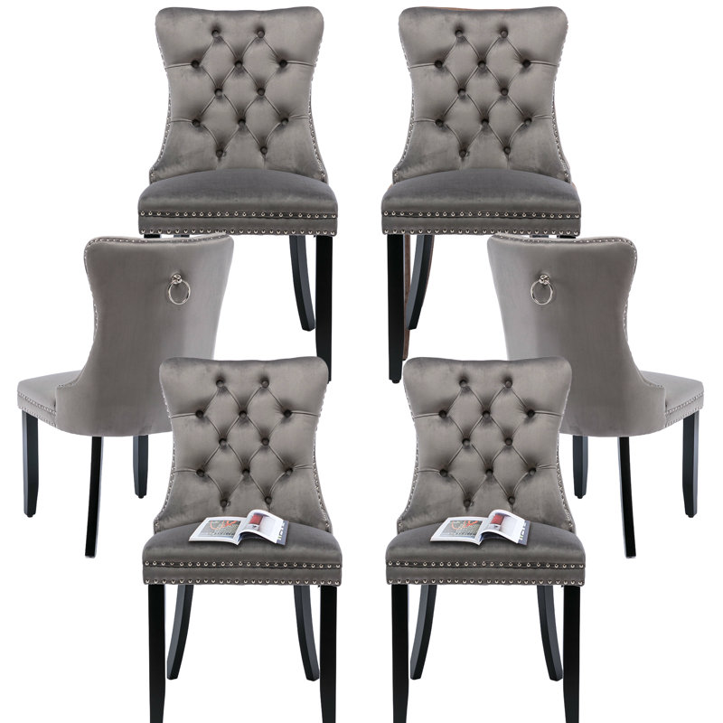High-end Tufted Wool Linen Upholstered Nailhead Dining Chair, 4, Golden, Gray