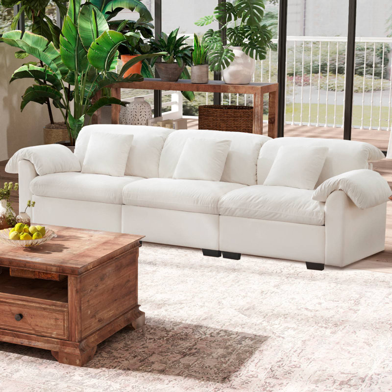 Canapé rembourré en velours avec rangement, H 33,9 po x l 119 po x P 37,6 po, 3, Blanc