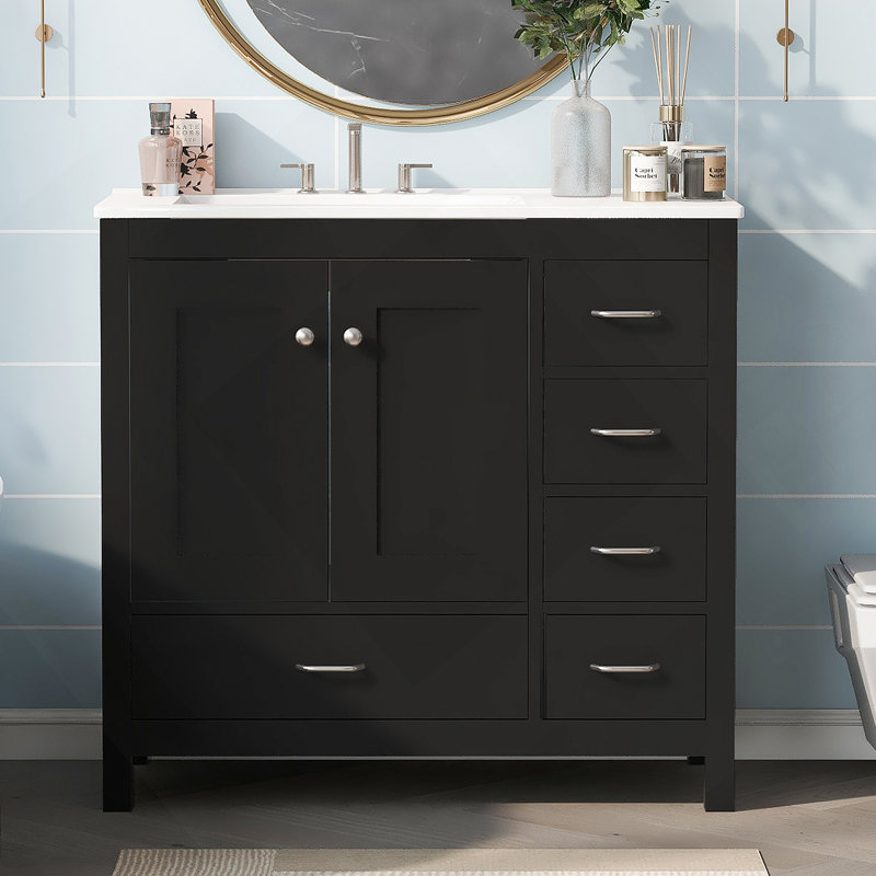 Ensemble de meuble-lavabo noir 36 po avec lavabo en céramique 36 po - 2 portes à fermeture douce et 5 tiroirs