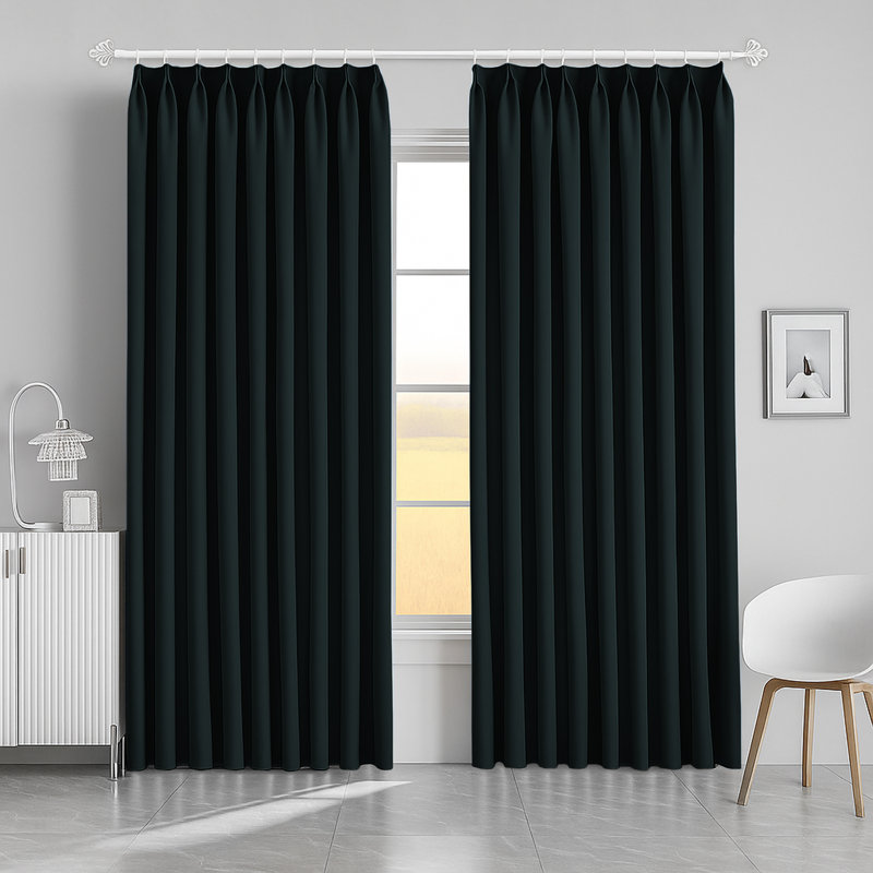 Aspire Homeware Hotel Style Polyester Room Darkening Pencil Pleat Curtain Pair for Luxury Bedroom Decor, Black