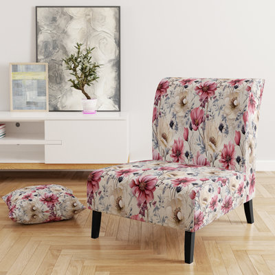 Pink And Beige Wildflower Paradise - Upholstered Farmhouse Slipper Chair, Rustic Floral Accent Chair