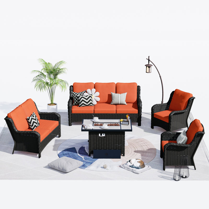 Ensemble de conversation pour 5 personnes avec coussins Tyshonna, Orange-rouge, Non