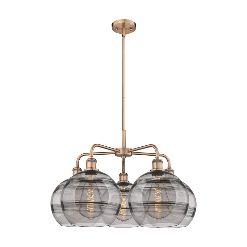Lustre rond / ovale à abat-jour 5 lumières, H 17,13 po x l 28 po x P 28 po, Gris fumée clair, Cuivre antique